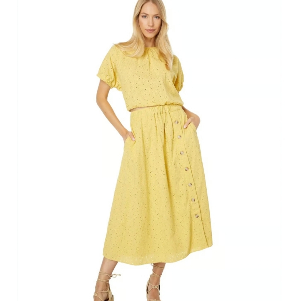 Yellow Eyelet Two-Piece Top & Midi Skirt Set